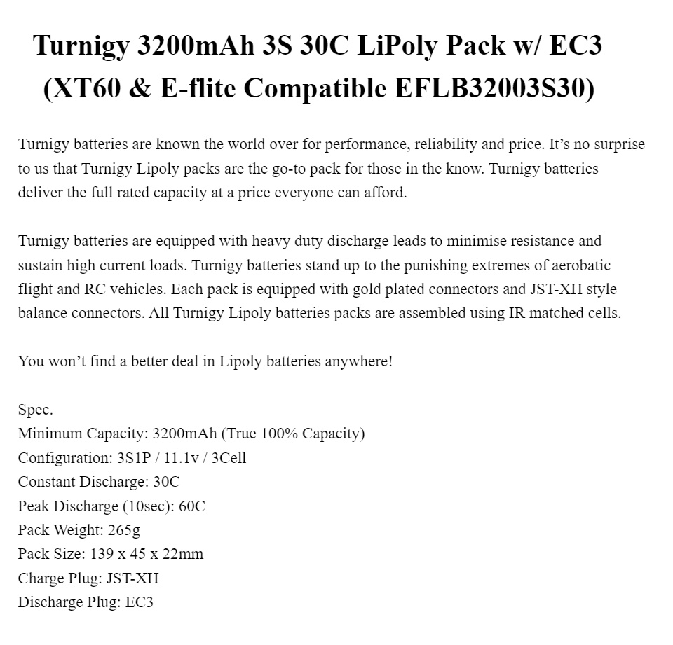 RC Turnigy 3200mAh 3S 30C LiPoly Pack w// EC3