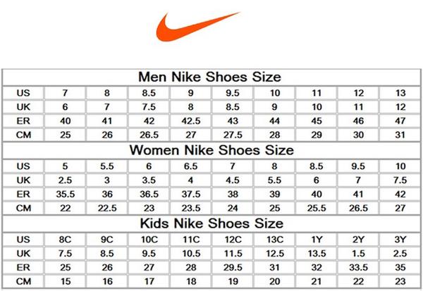 size chart nike basketball shoes