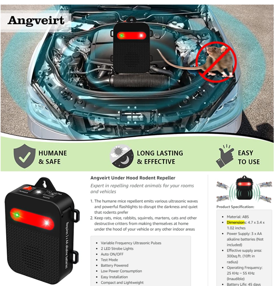 Angveirt Battery Operated Rodent Repellent RV Pest Mouse Repeller  Electronic Ultrasonic Mice Repeller Humane Mouse Trap Substitute Car  Deterrent Under