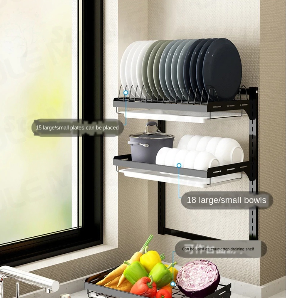 junyuan Kitchen Dish Rack,Hanging Silverware Dish Drying Rack Organizer Storage Shelf Over The Sink,2 Tier Wall Mount Bowl Holder with Drain Tray