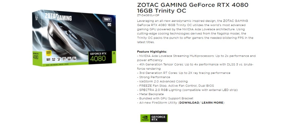 ZOTAC GeForce RTX 4080 Trinity OC Graphics Card ZT-D40810J-10P