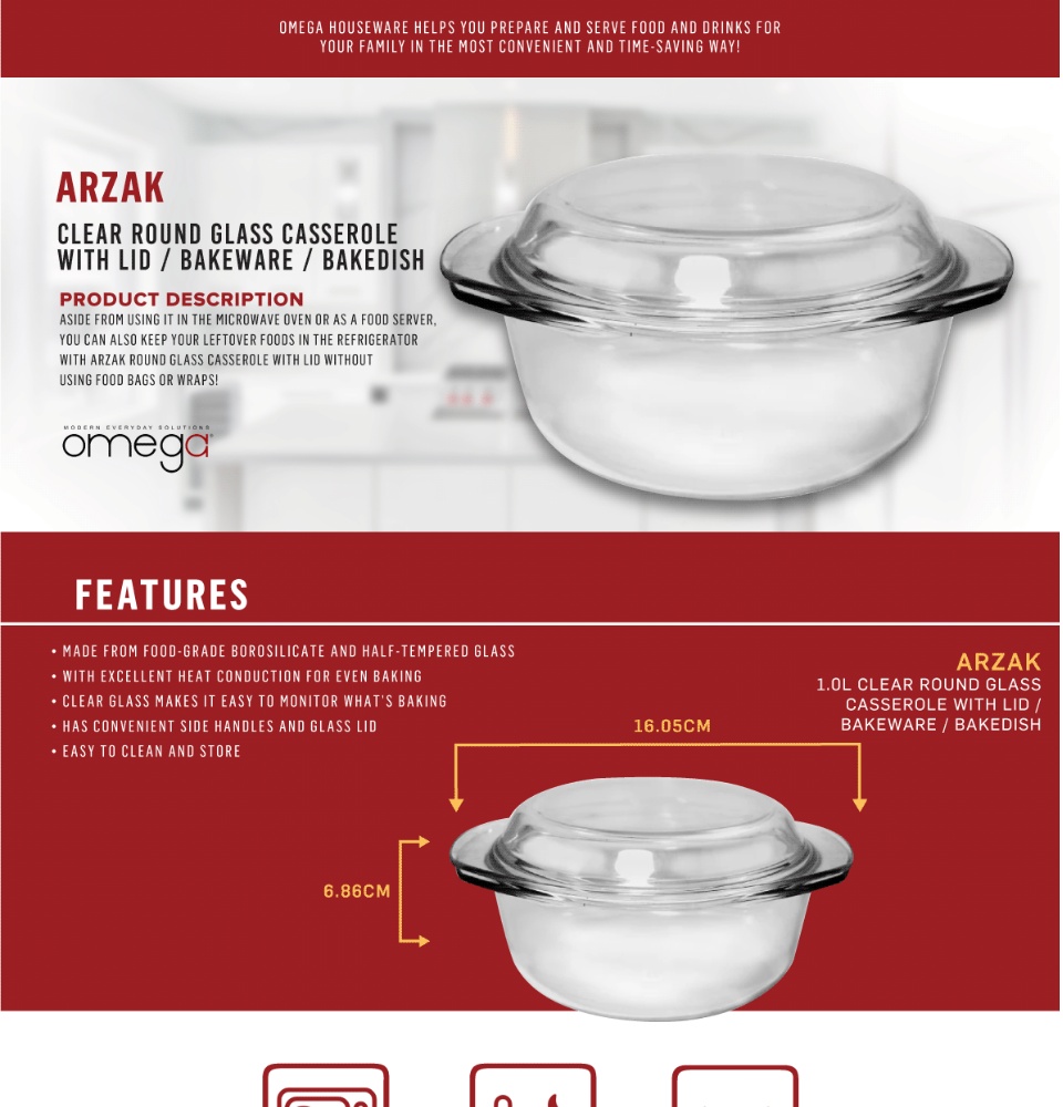 Omega Houseware Arzak Round Glass Casserole 1000ml 1500ml