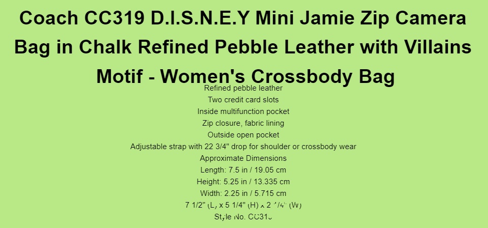 Coach x Disney Mini Jamie Camera Bag With Villains Motif Chalk Leather  CC319 New
