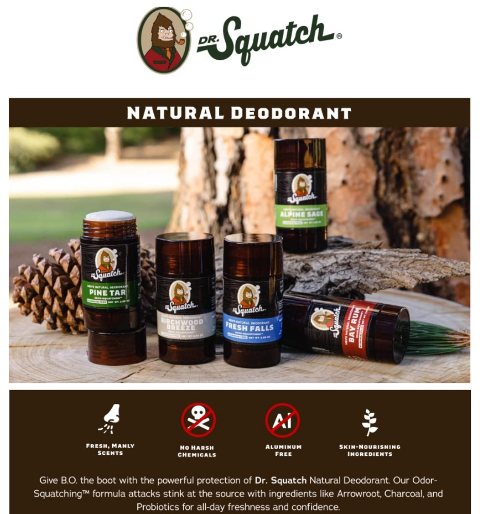 Dr. Squatch Natural Deodorant for Men Odor-Squatching Men's Deodorant Aluminum Free - Alpine Sage + Fresh Falls (2.65 oz, 2 Pack)