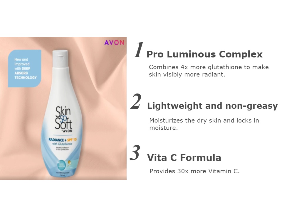 avon skin so soft glutathione lotion Avon Skin So Soft Radiance + SPF 15 With Glutathione Hand & Body Lotion  250ml