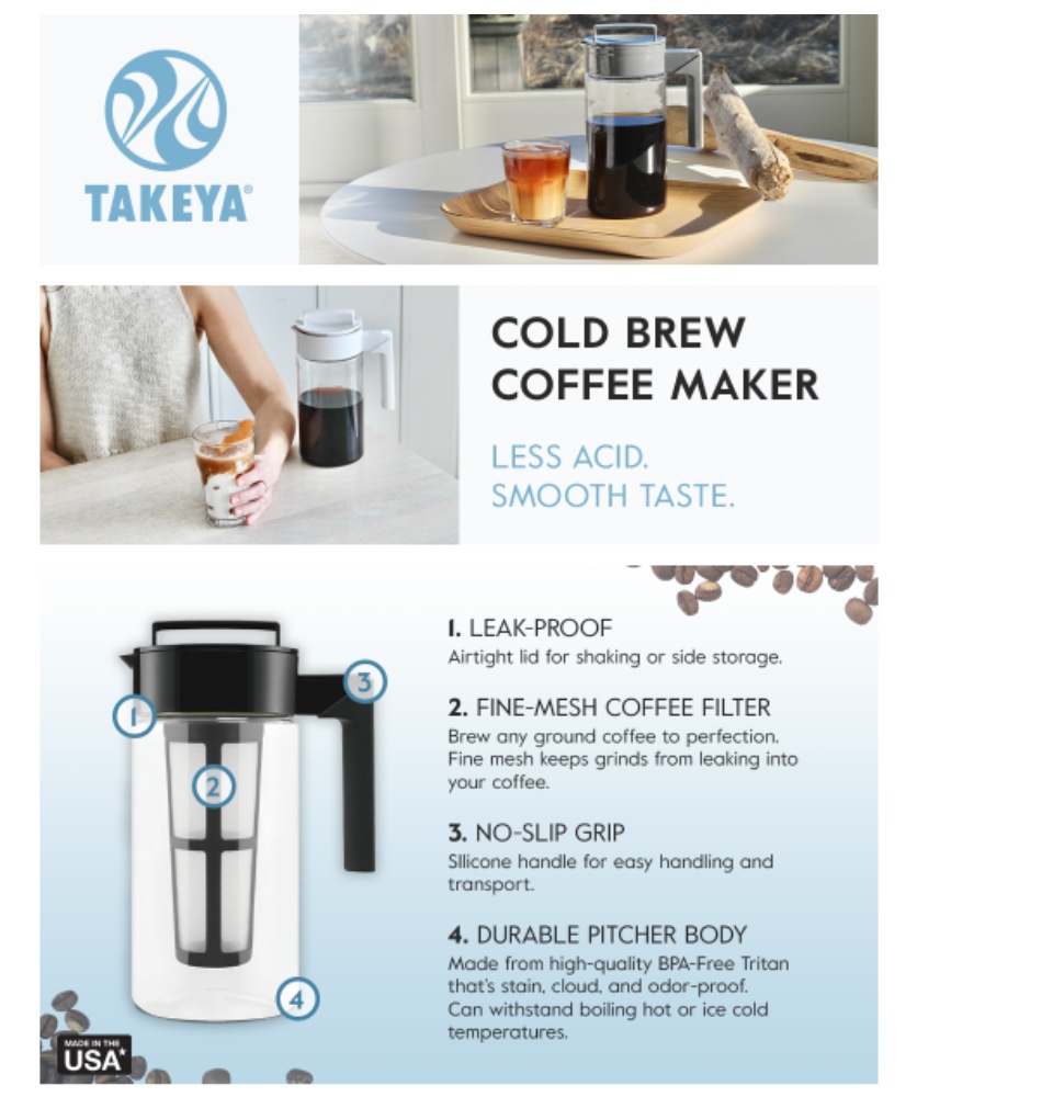 Takeya Patented Deluxe Cold Brew Coffee Maker, 2 Quart, Black - Yahoo  Shopping