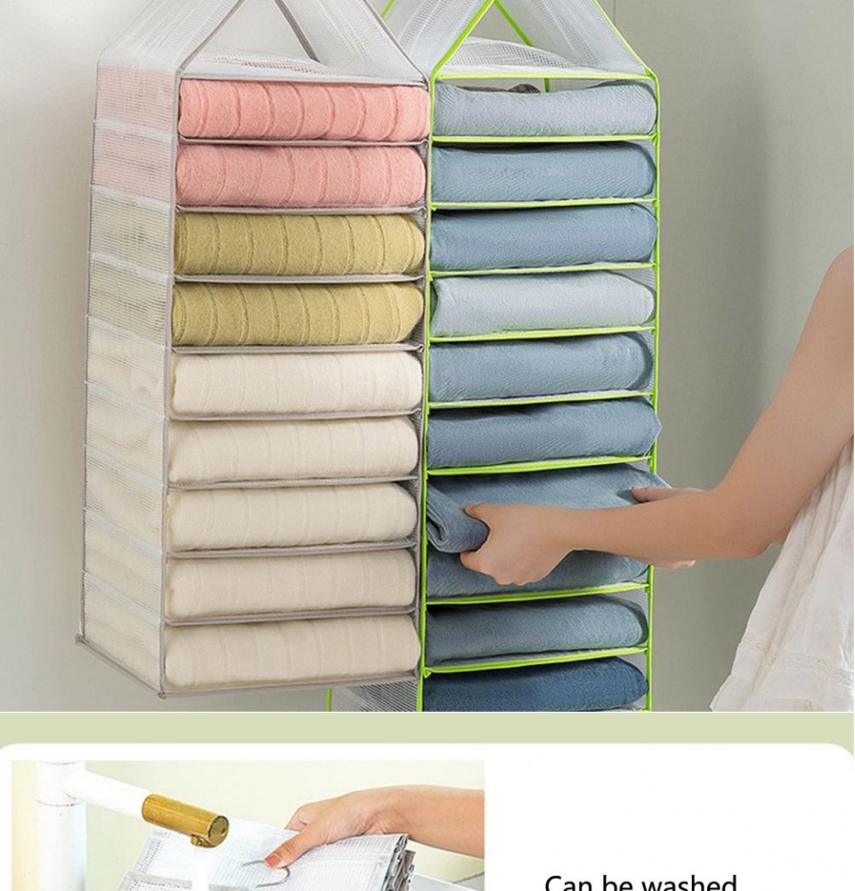 Waroomhouse Hanging Storage Rack Multilayer Large Capacity Keep Neat Foldable 6/9/12 Grid Closet Clothes Underwear Organizer for Home, Green