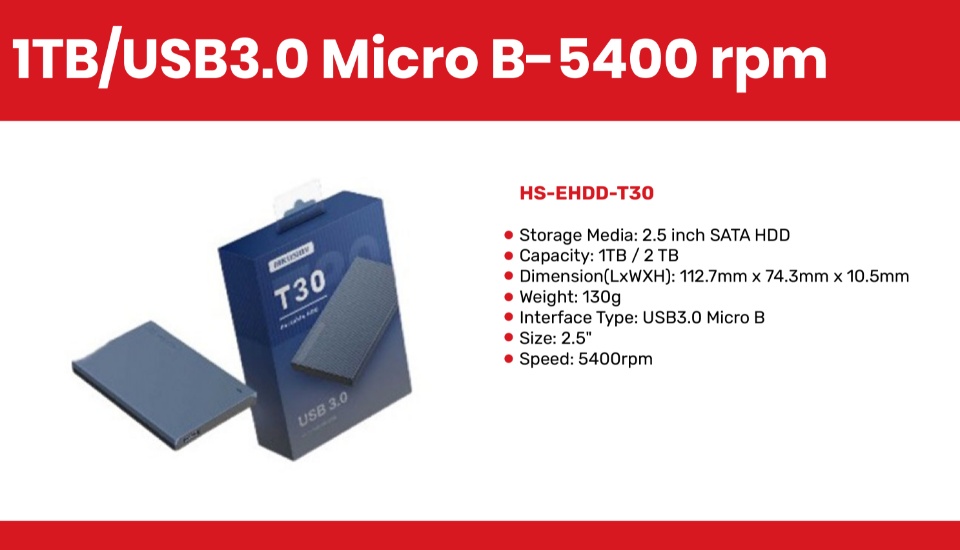 Hikvision Hard Disk Esterno Portatile 2.5'' 1TB HS-EHDD-T30/GREY - USB 3.0, Colore Grigio