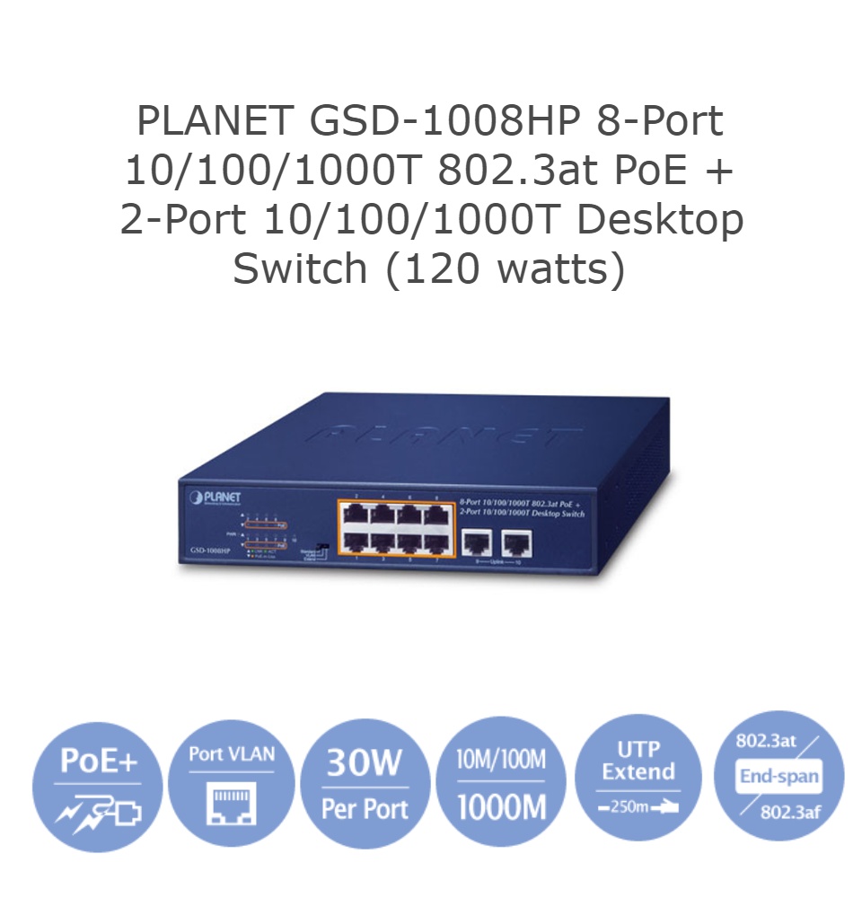 Planet GSD-1008HP 8-Port 10/100/1000T 802.3at PoE + 2-Port 10/100