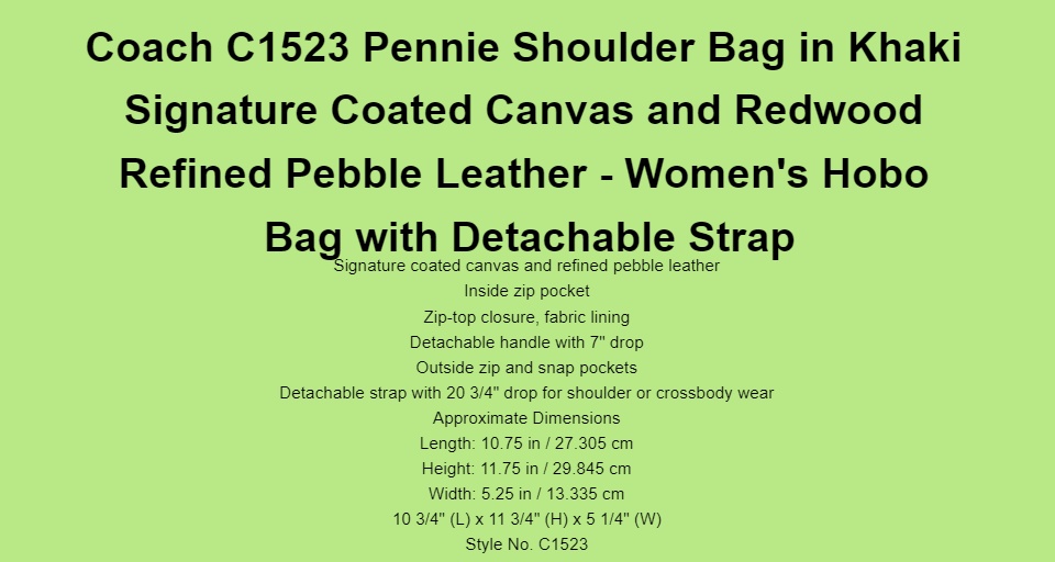 New Coach Signature Pennie Shoulder Bag C1523 Khaki Redwood