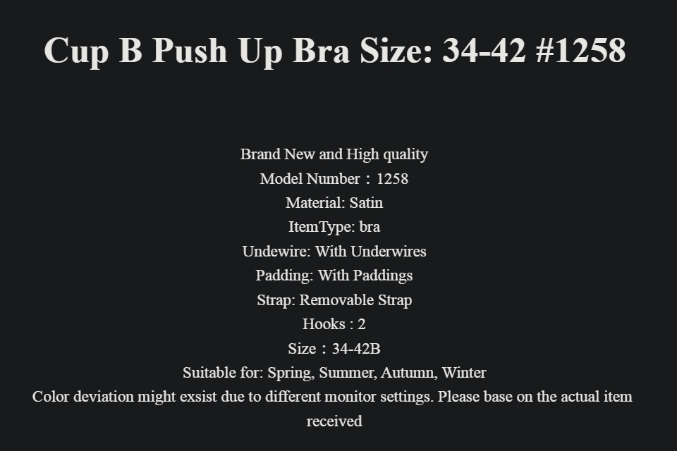 MZ Cup B Push Up Bra Size: 34-42 #1258 (pls adjust 1 size)