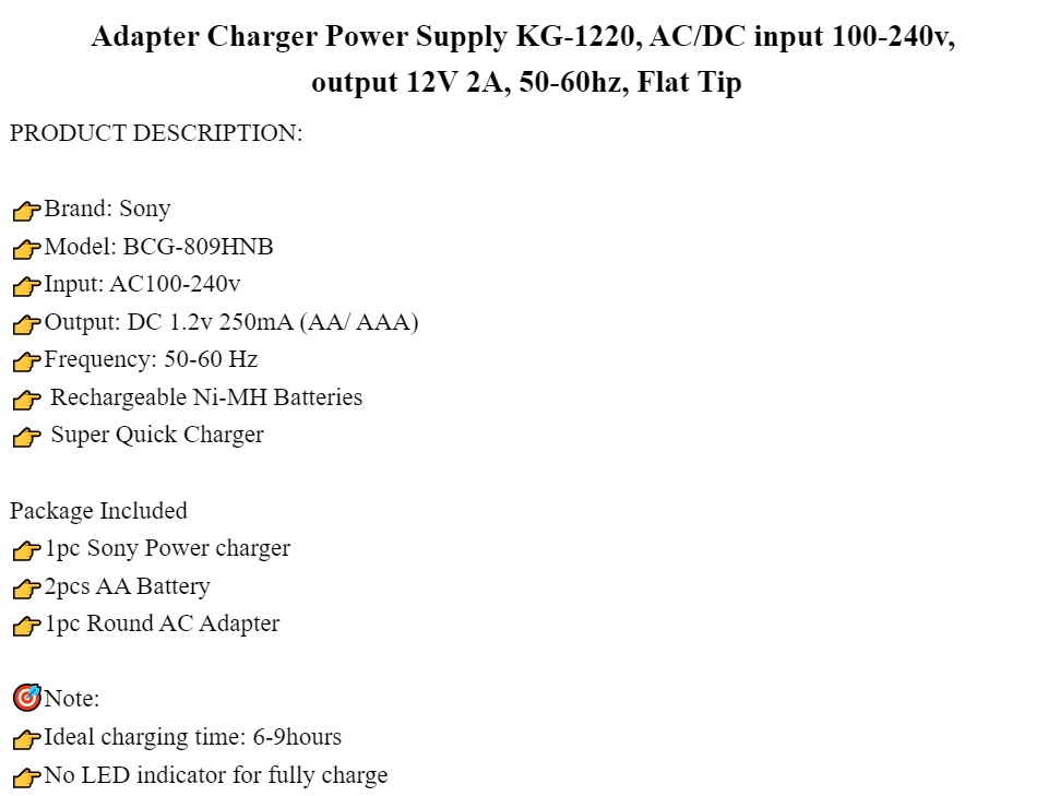 Adapter Charger Power Supply KG-1220, AC/DC input 100-240v, output 12V 2A,  50-60hz, Flat Tip