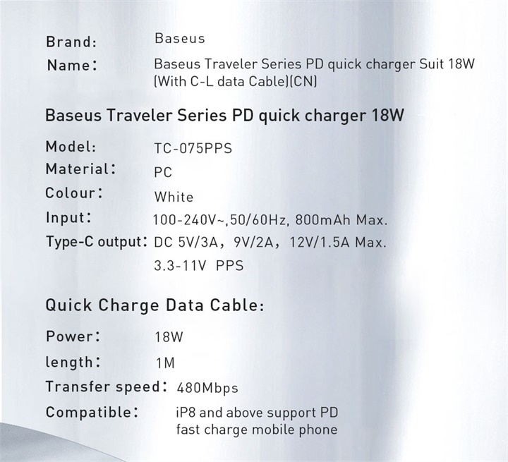 Baseus Traveler PD Quick Charger with Type C to Lightning Cable 18W  10