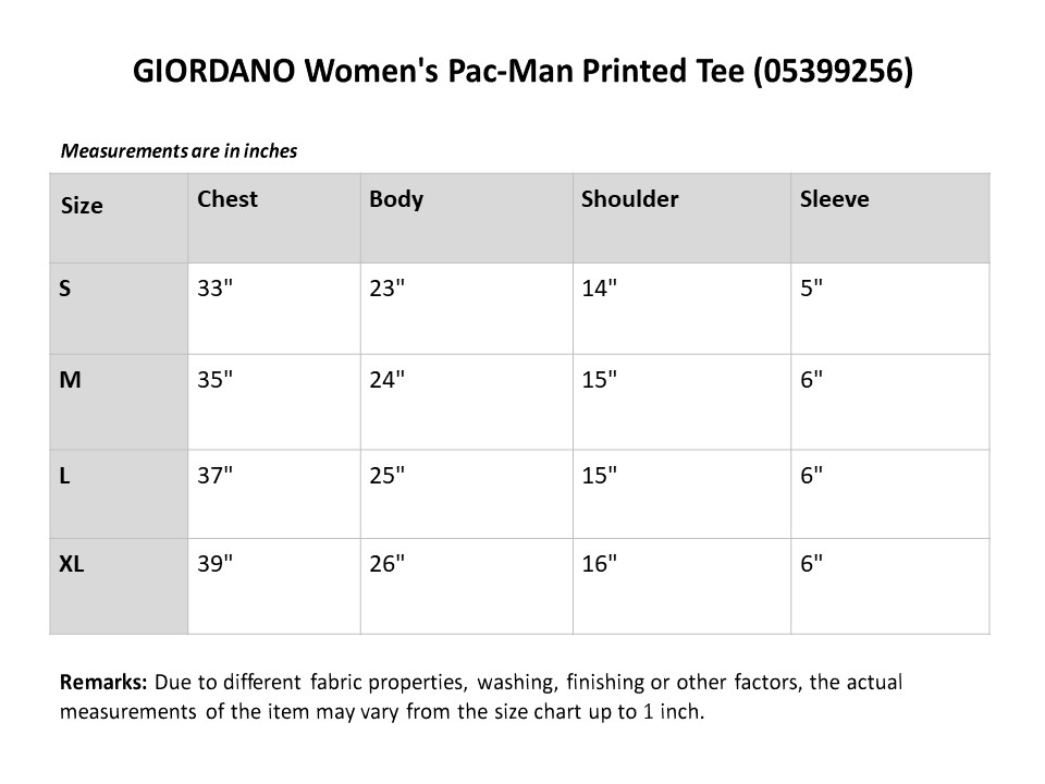 Giordano Shirt Size Chart