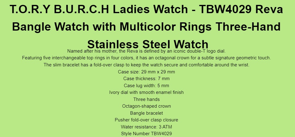 T.O.R.Y B.U.R.C.H Ladies Watch - TBW4029 Reva Bangle Watch with