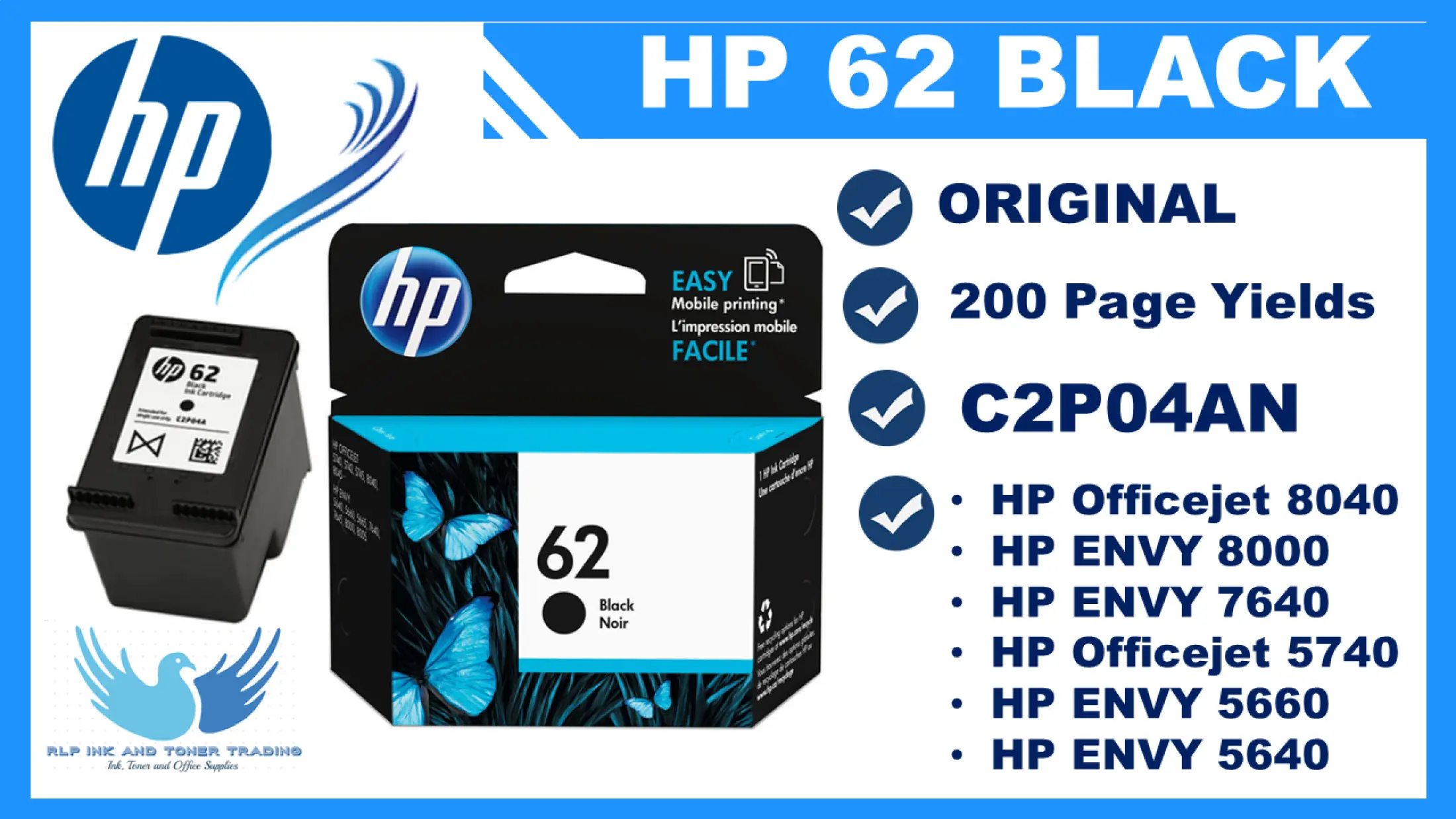 hp 62 black ink cartridge c2p04an