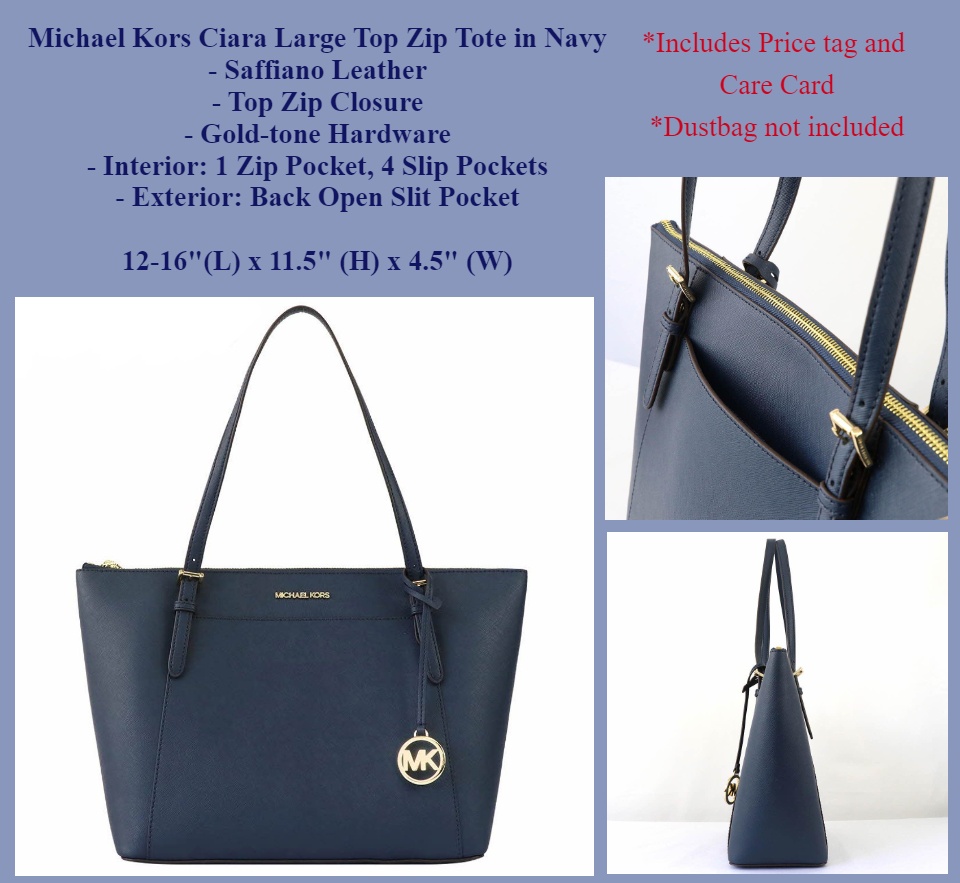 Michael Kors Ciara Large Top Zip Tote Bag 35T8GC6T9L In Navy