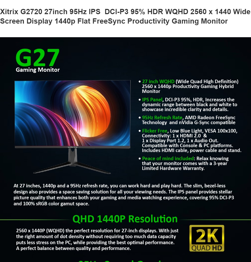 Xitrix G2720 27inch 95Hz IPS DCI-P3 95% HDR WQHD 2560 x 1440 Wide