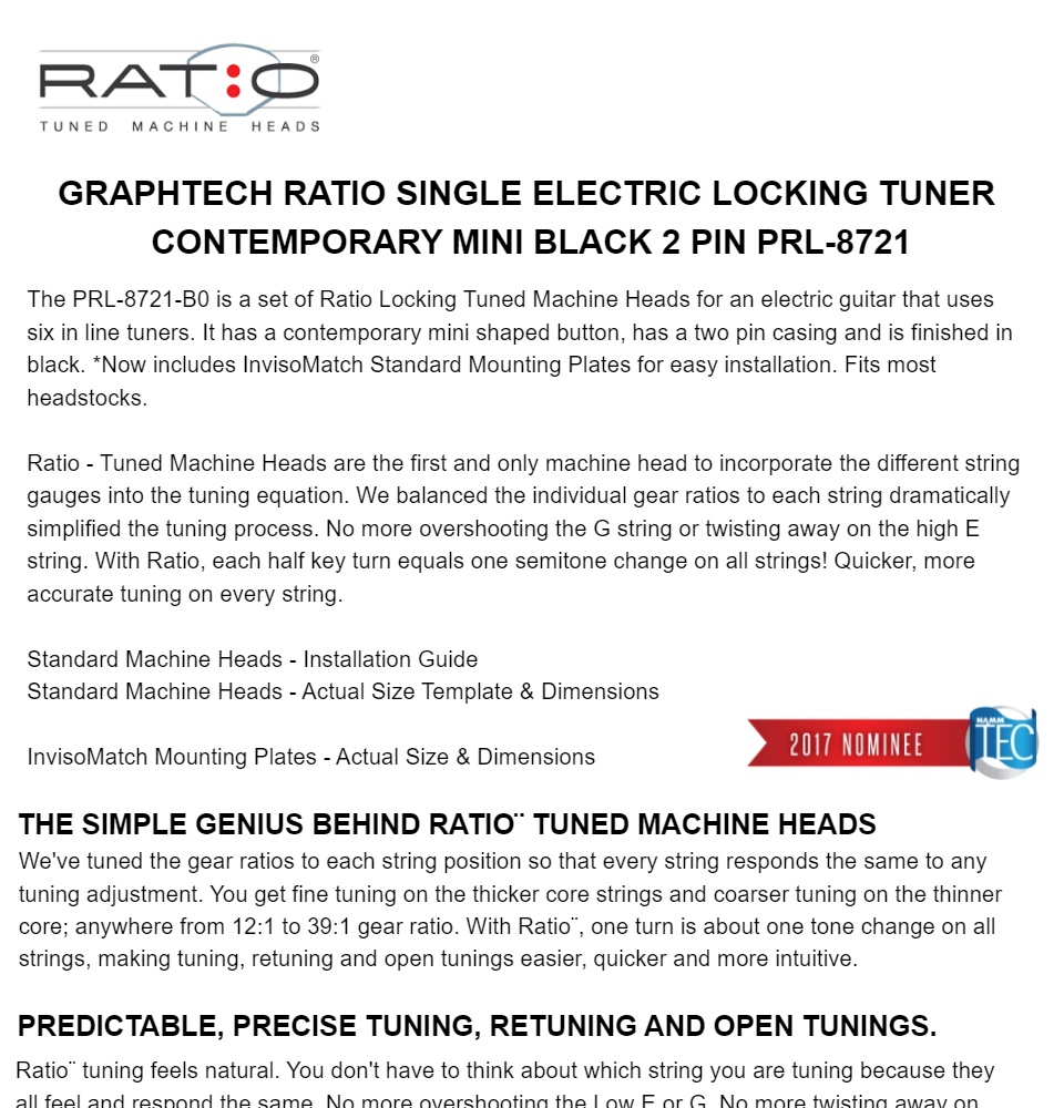 Graphtech RATIO SINGLE Electric Locking Tuner Contemporary Mini Black 2 Pin  PRL-8721
