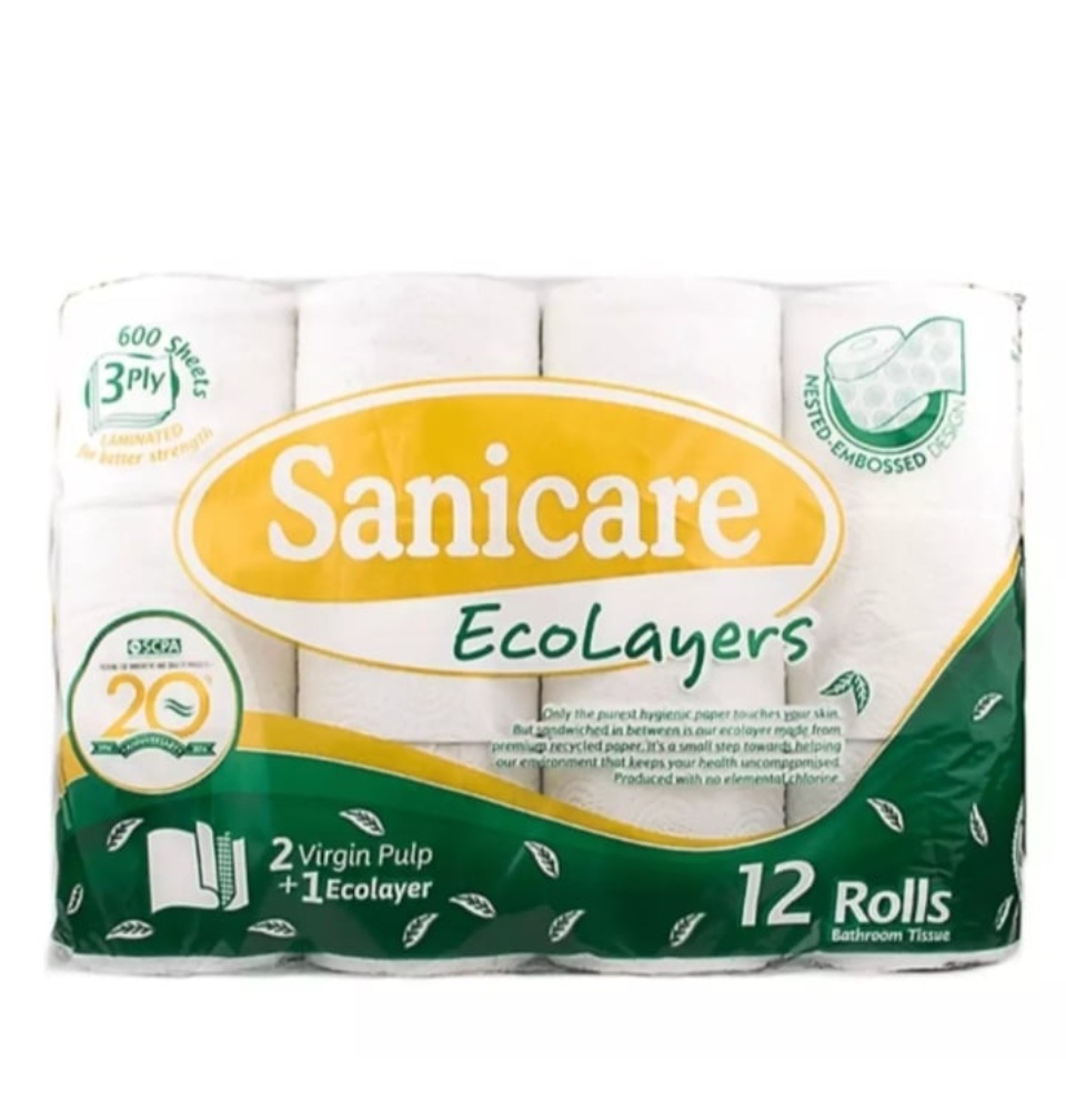 Sanicare 3 Ply Ecolayer Bathroom Tissue 12 rolls by 1 Pack