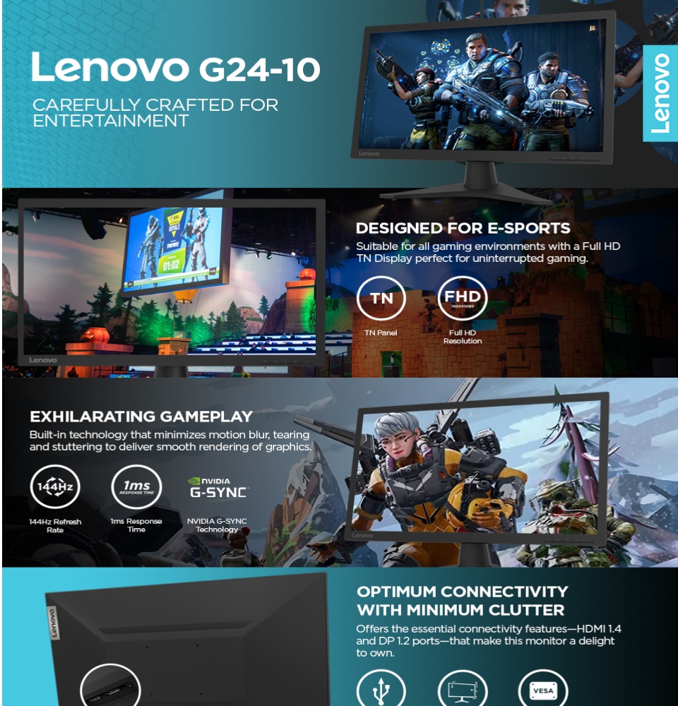 Lenovo G24-10 Gaming Monitor 23.6in FHD 144Hz Premium 72% Compatible | NTSC Lazada 1920x1080 TN 300 FreeSync 1ms Year nits HDMI G-SYNC AMD DP Warranty PH 3 NVIDIA