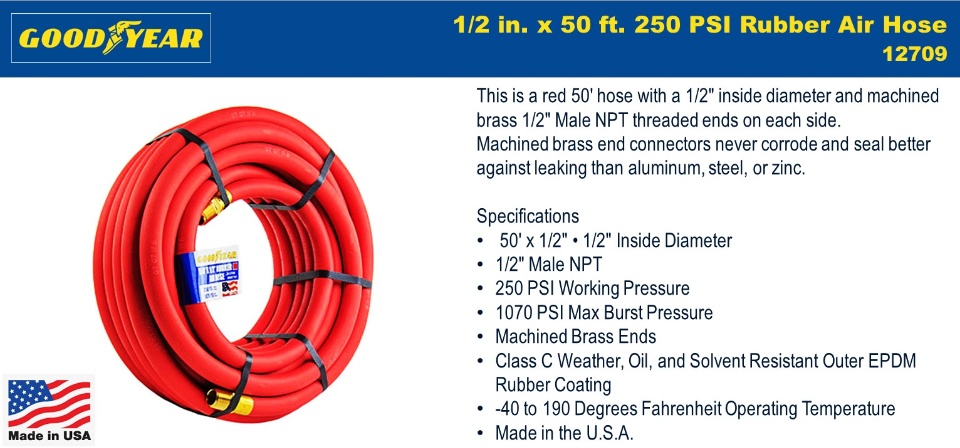 Goodyear 12709 Red Rubber Air Hose 1/2-Inch x 50-Feet 250 PSI