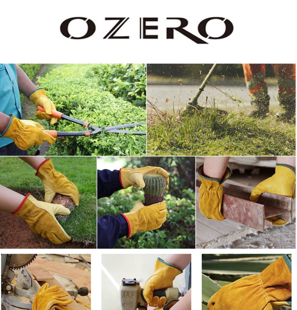 OZERO Flex Grip Leather Work Gloves Stretchable Wrist Tough Cowhide Working Glove 1 Pair (Gold Medium)