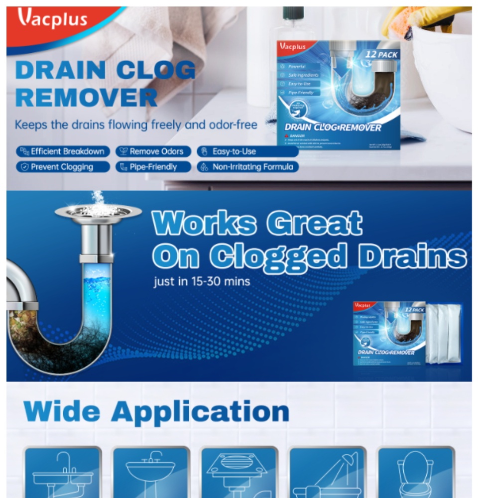 Vacplus Drain Clog Remover - 12 Pack Drain Cleaner Hair Clog Remover,  Powerful Sink Drain Cleaner for Clogged Drain, Pipe-Friendly Sink Cleaner  and