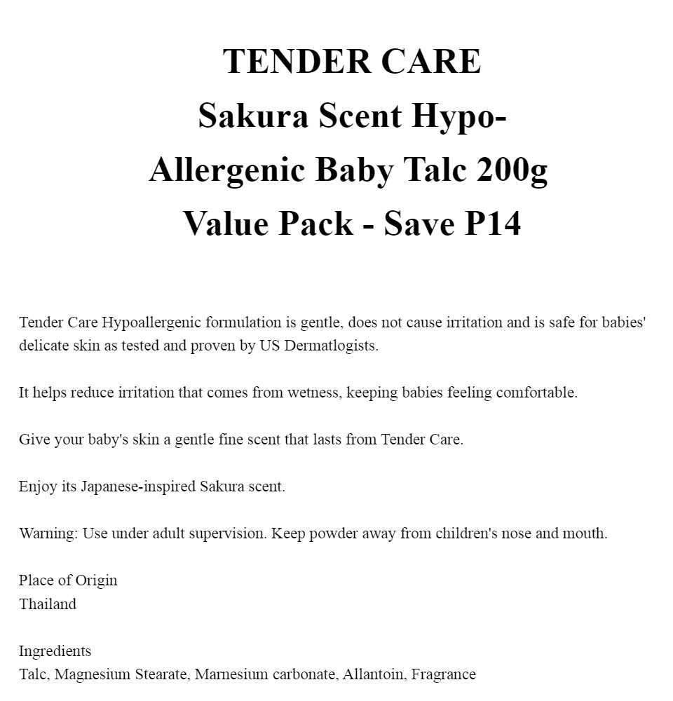 TENDER CARE Sakura Scent Hypo-Allergenic Baby Talc 200g Value Pack - Save  P14