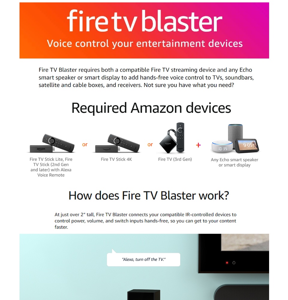 Fire TV Blaster - Add Alexa voice controls for power and volume on your TV  and soundbar (requires compatible Fire TV and Echo devices)