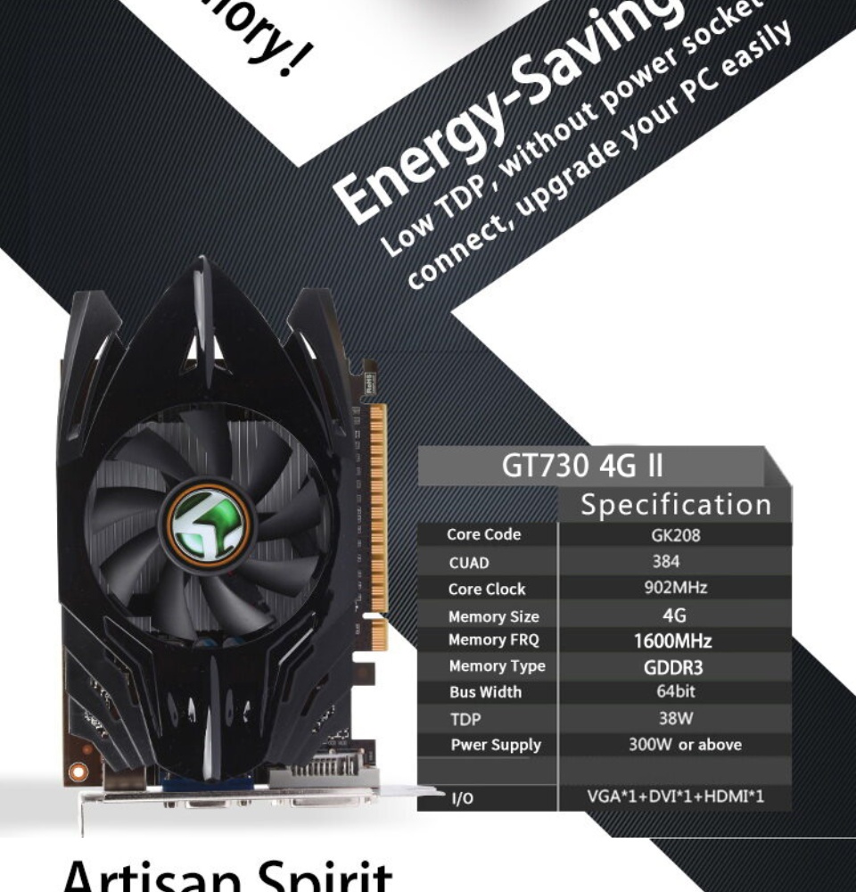 Carte Graphique GT 730 4GB GDDR3 - PCIe, Ports HDMI/DVI/VGA - Générique