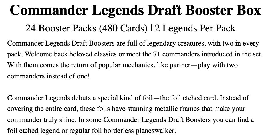  Wizards of The Coast Magic: The Gathering Commander Legends  Draft Booster Box, 24 Booster Packs (480 Cards), 2 Legends Per Pack