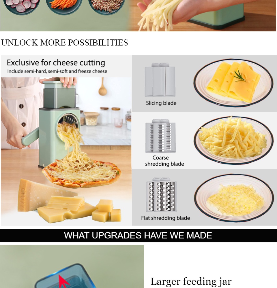 Manual Rotary Cheese Grater Shredder with Wider Hopper 3 Interchangeable  Blades Round Mandolin Drum Slicer Julienne Grinder for Cheese, Vegetables