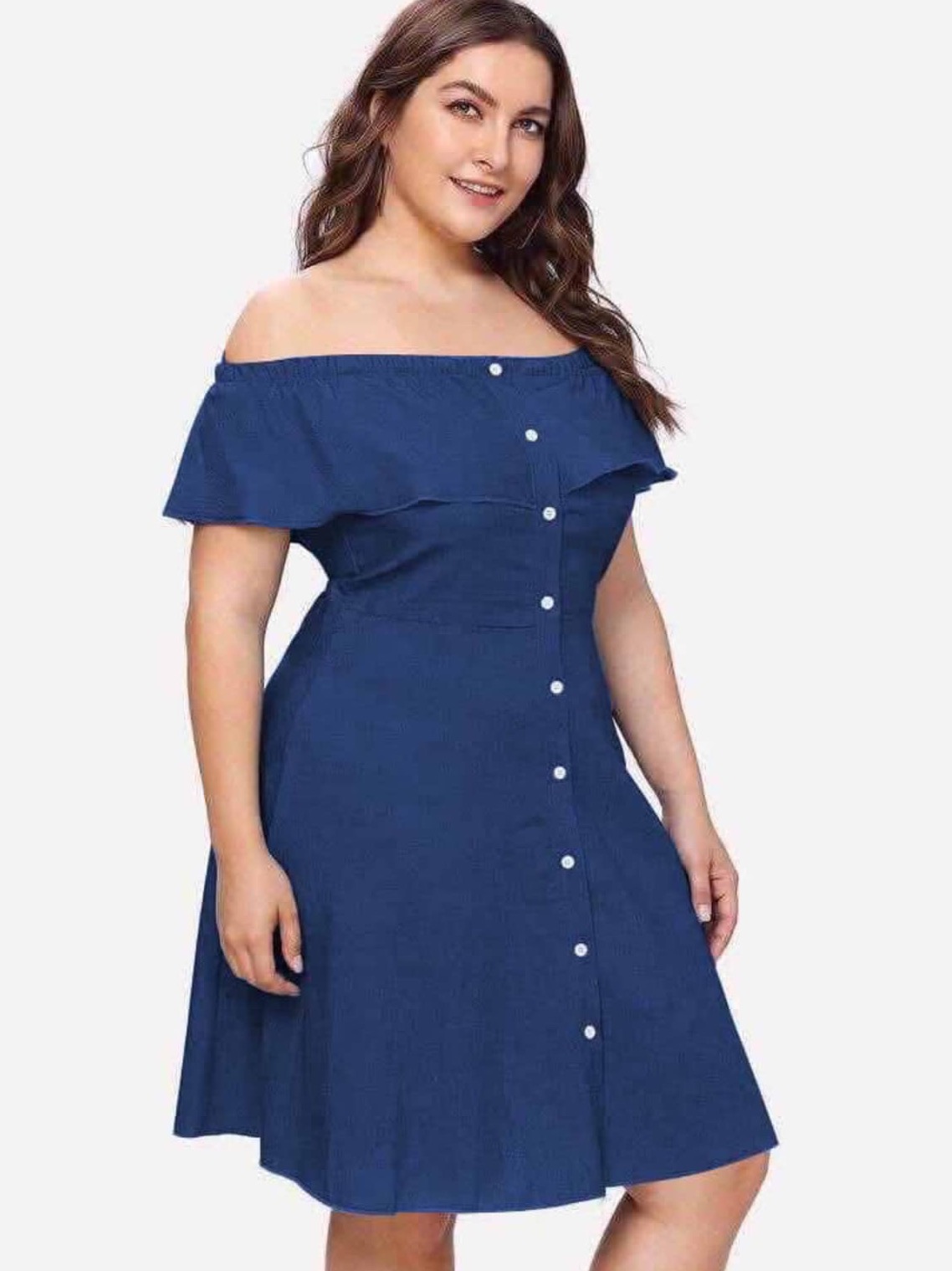 blue denim off the shoulder dress
