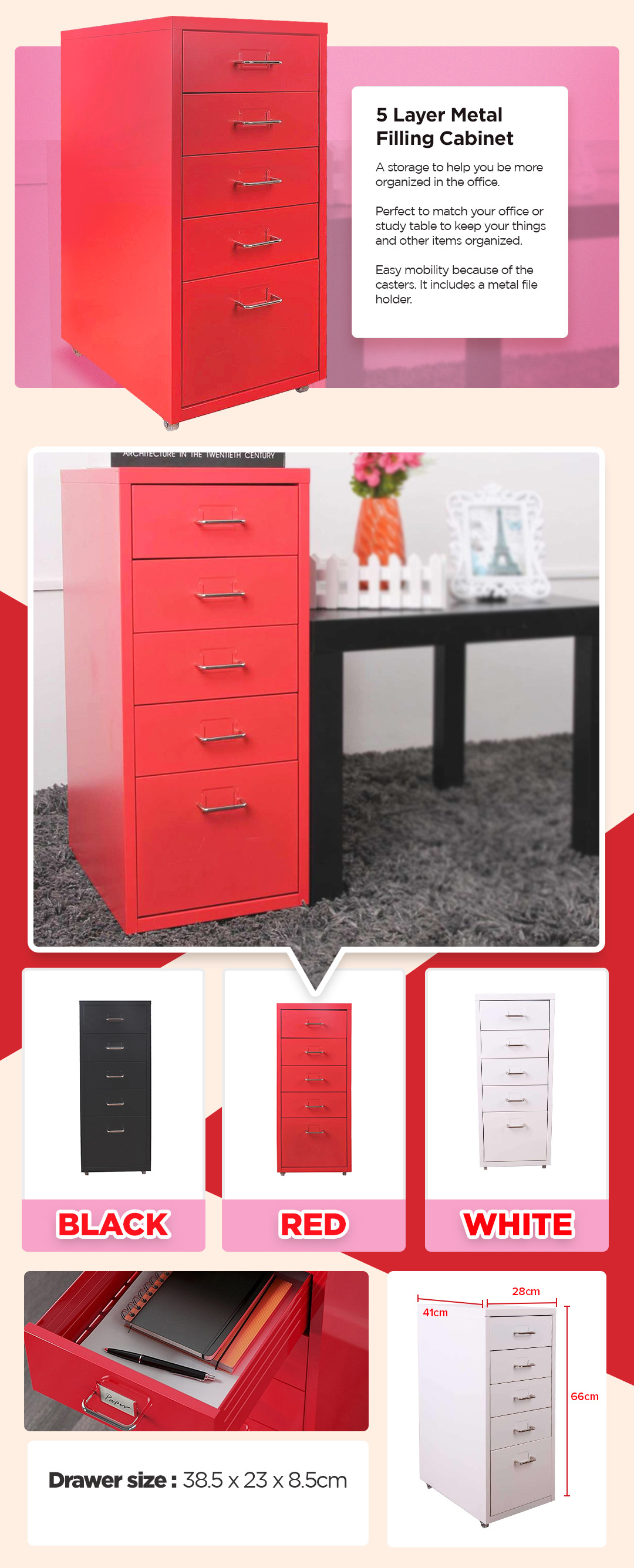 Qoncept Furniture 5 Layer Metal Organizer Filing Cabinet