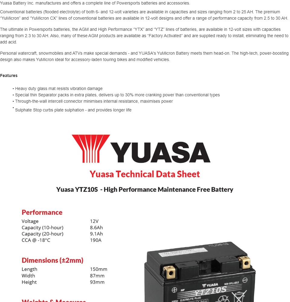 Yuasa Factory Activated Maintenance Free Battery YTZ10S