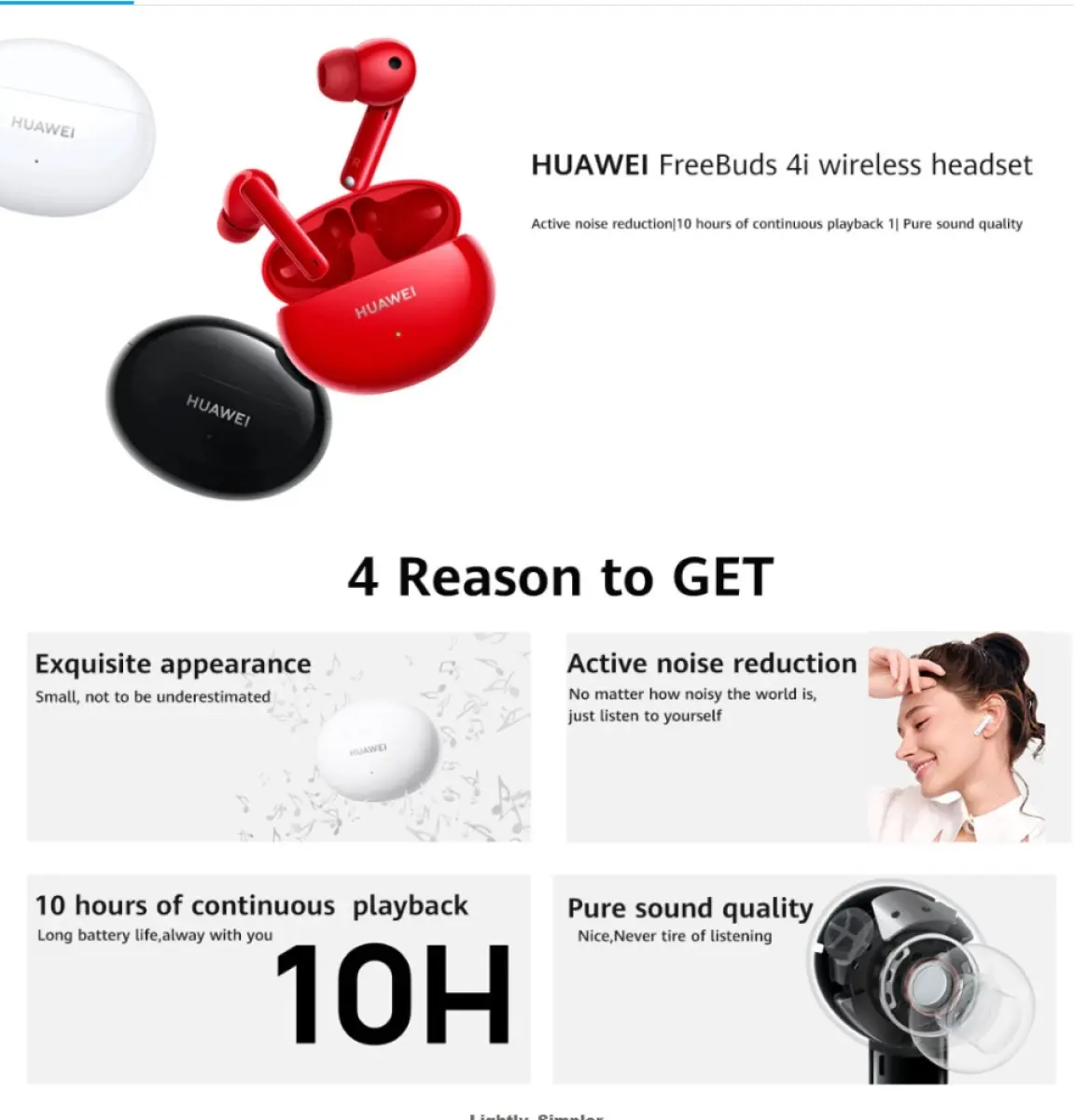  HUAWEI FreeBuds 4i Wireless in-Ear Bluetooth Earphones with  Long Battery Life, Comfortable Active Noise Cancellation, Fast Charging,  Crystal Clear Sound Dual-Mic Earbuds