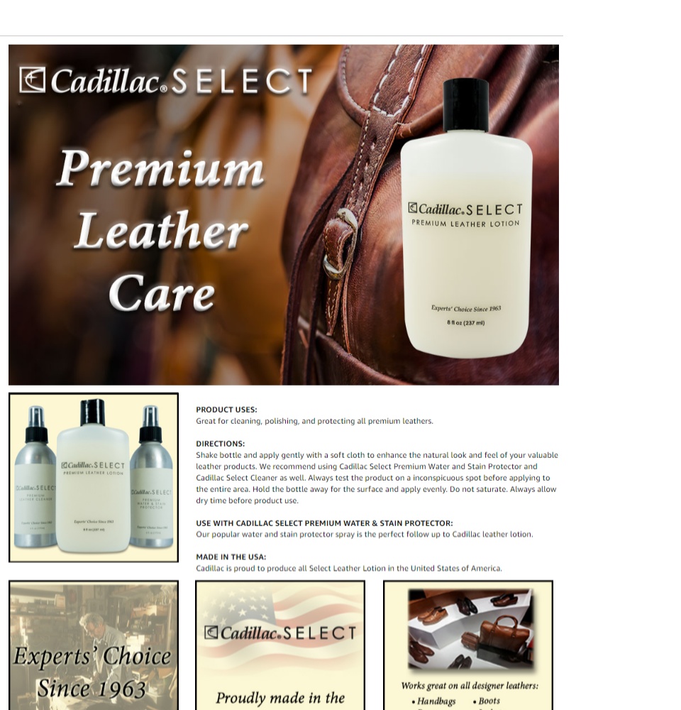 Cadillac Select Leather Lotion Cleaner and Conditioner- For Handbags,  Sofas, Jackets, Furniture, Purses, and More