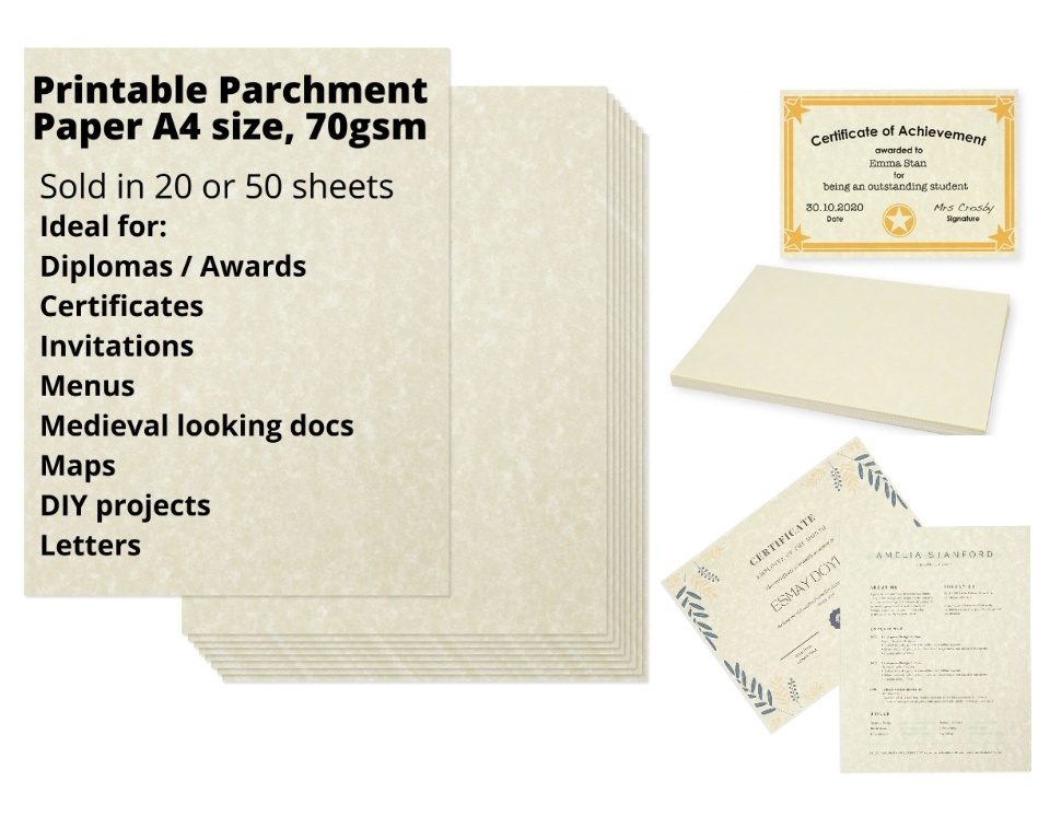 Printable Parchment Paper A4 size 70gsm for Diplomas, Certificates