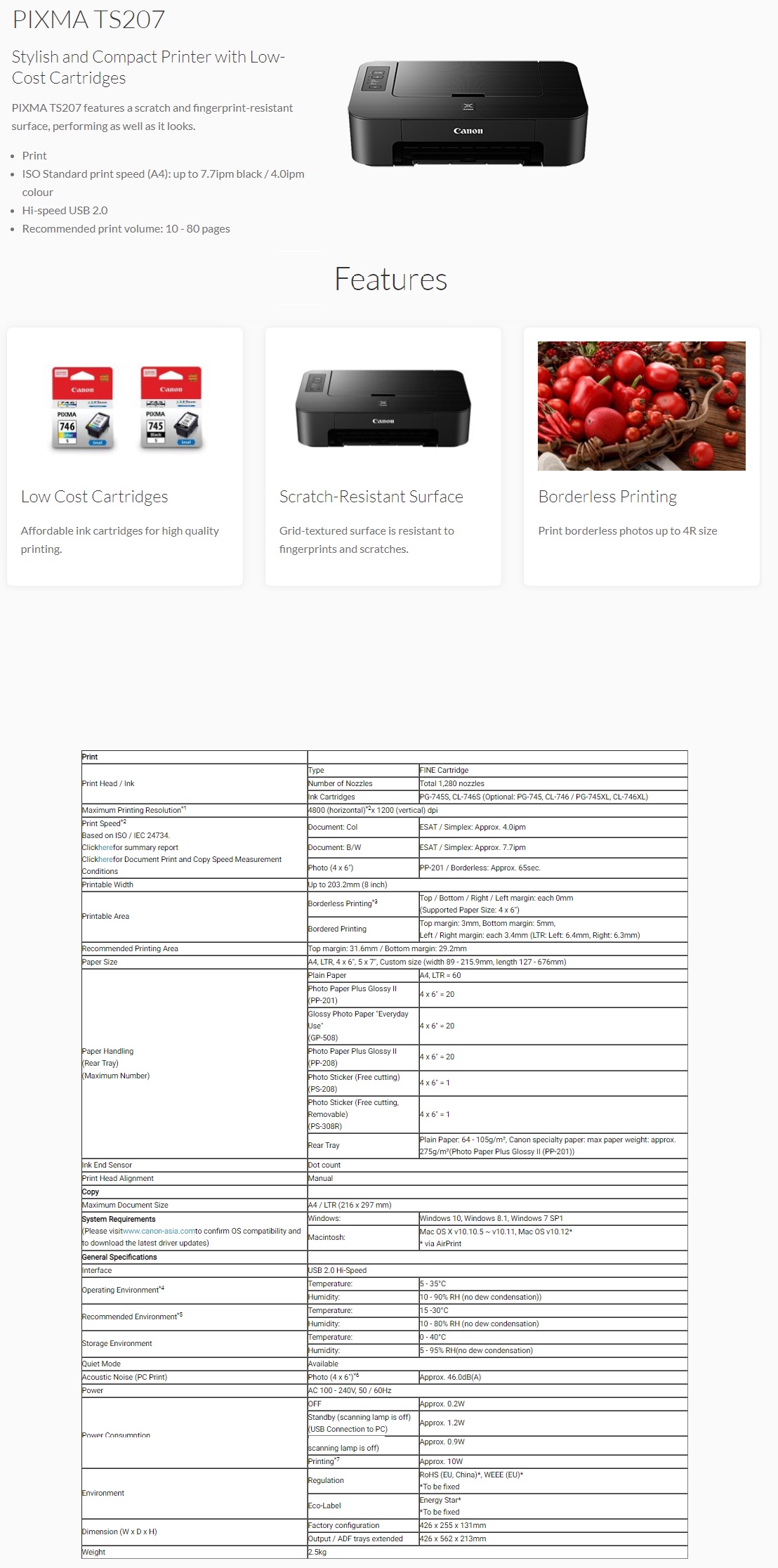 canon ts207 inkjet printer single function