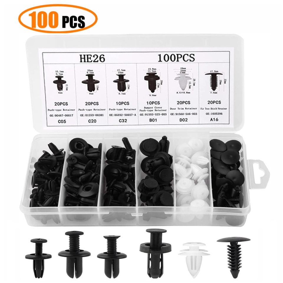 Retainer Clips 100-Piece Auto Plastic Push Pin Rivet Fastener Kit - For Car Trim, Panels, Molding Auto Trim Fasteners