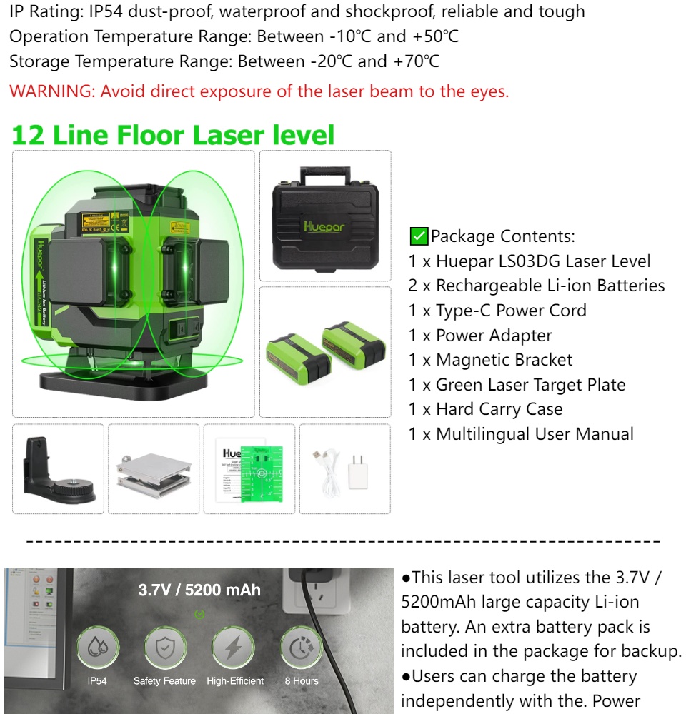 Huepar Laser level 12 Line 3D Green Beam Tiling Floor Laser Tool with 2 Li-ion  Batteries Cross Line Self-Leveling Leveling and Type-C Charge Port &  Magnetic Bracket Hard Carry Case