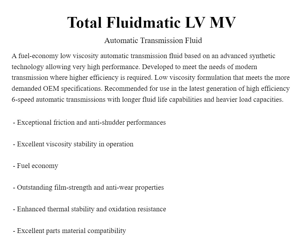 Total Fluidmatic MV LV MVLV Automatic Transmission Fluid ATF 1 Liter Old Bottle Style