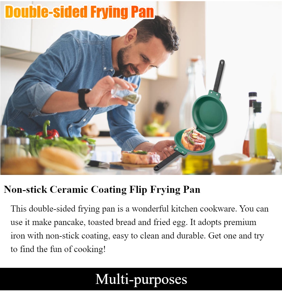 Double Side Pan, Haofy Double Side Non-Stick Ceramic Coating Flip Frying Pan Pancake Maker Household Kitchen Cookware (Green)