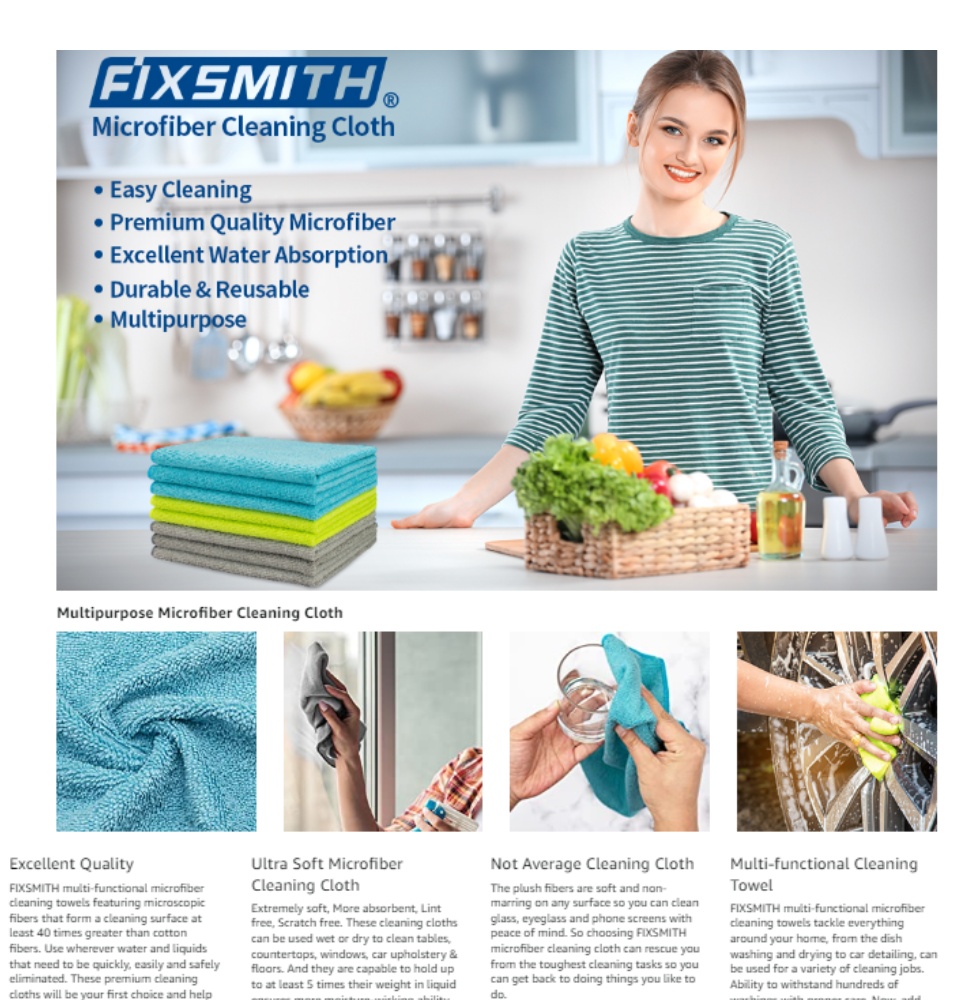 FIXSMITH Microfiber Cleaning Cloth - Pack of 8, Size: 12 x 16 in, Cleaning Cloths for Car Kitchen Home Office.
