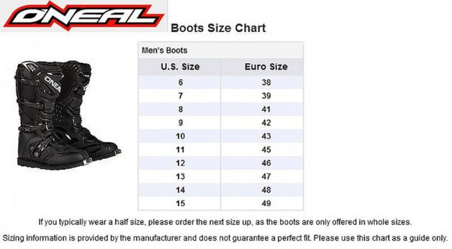 Oneal Motocross Size Chart