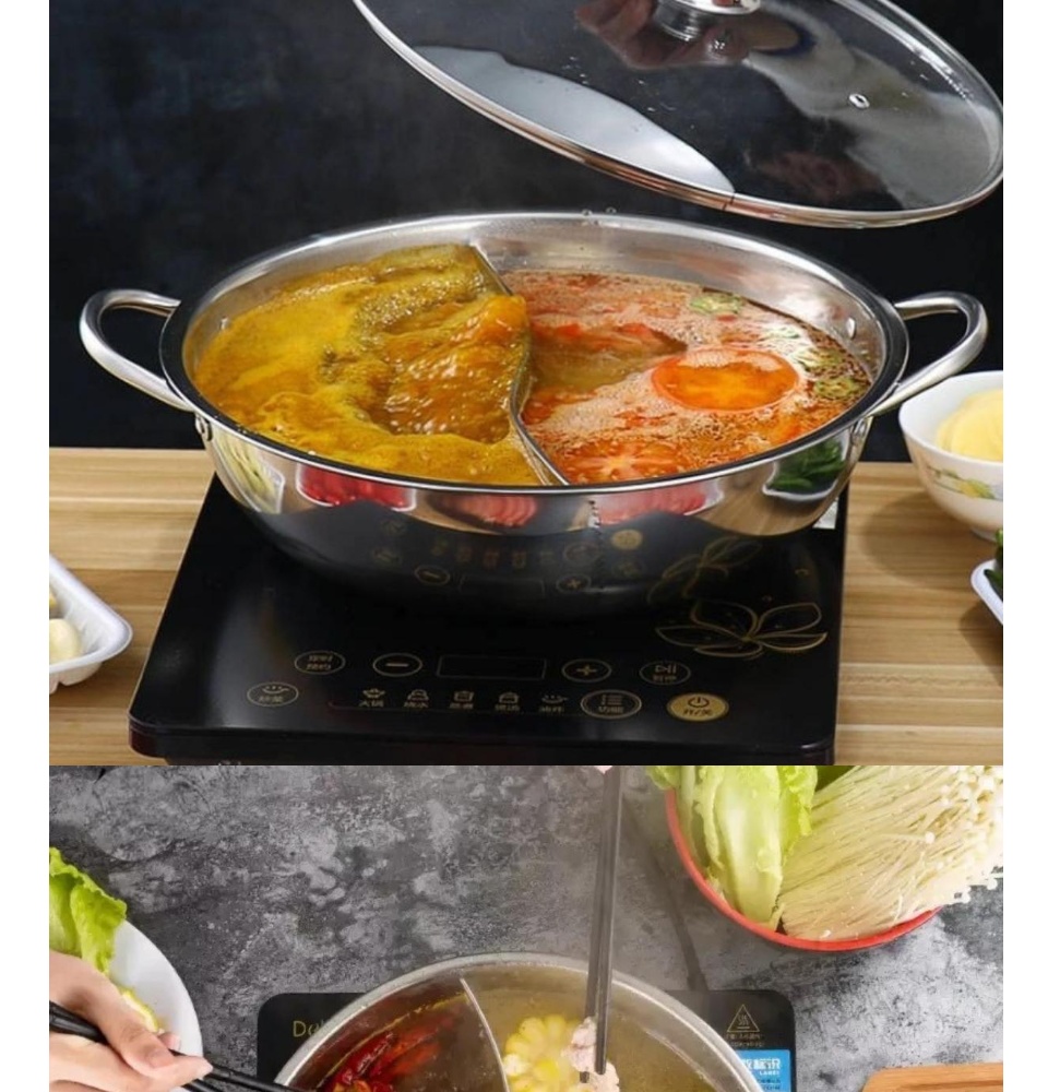 Luztmall Two Sided Hot Pot Shabu Shabu with Cover Stainless Steel